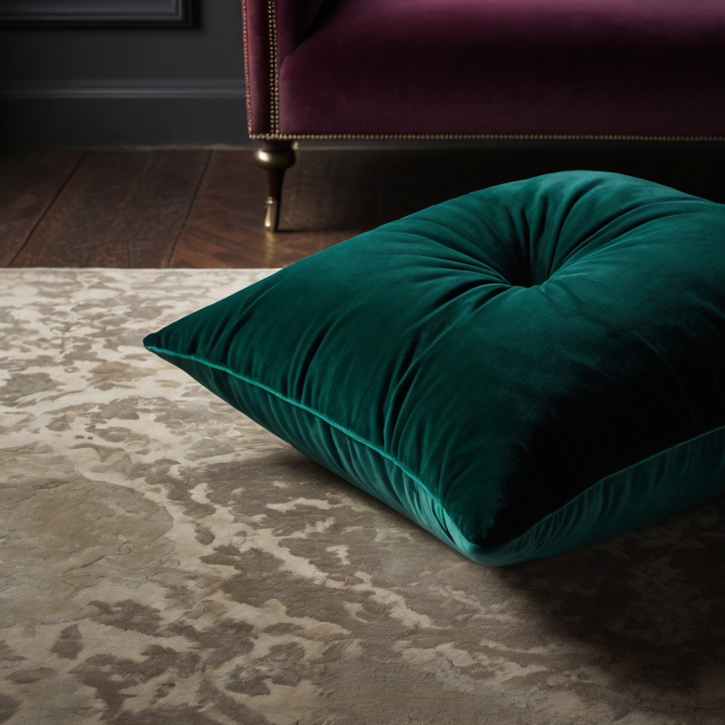 Create a rich, luxurious floor pillow with soft velvet fabric in elegant colors like emerald green or royal blue. Perfect for an upscale touch.