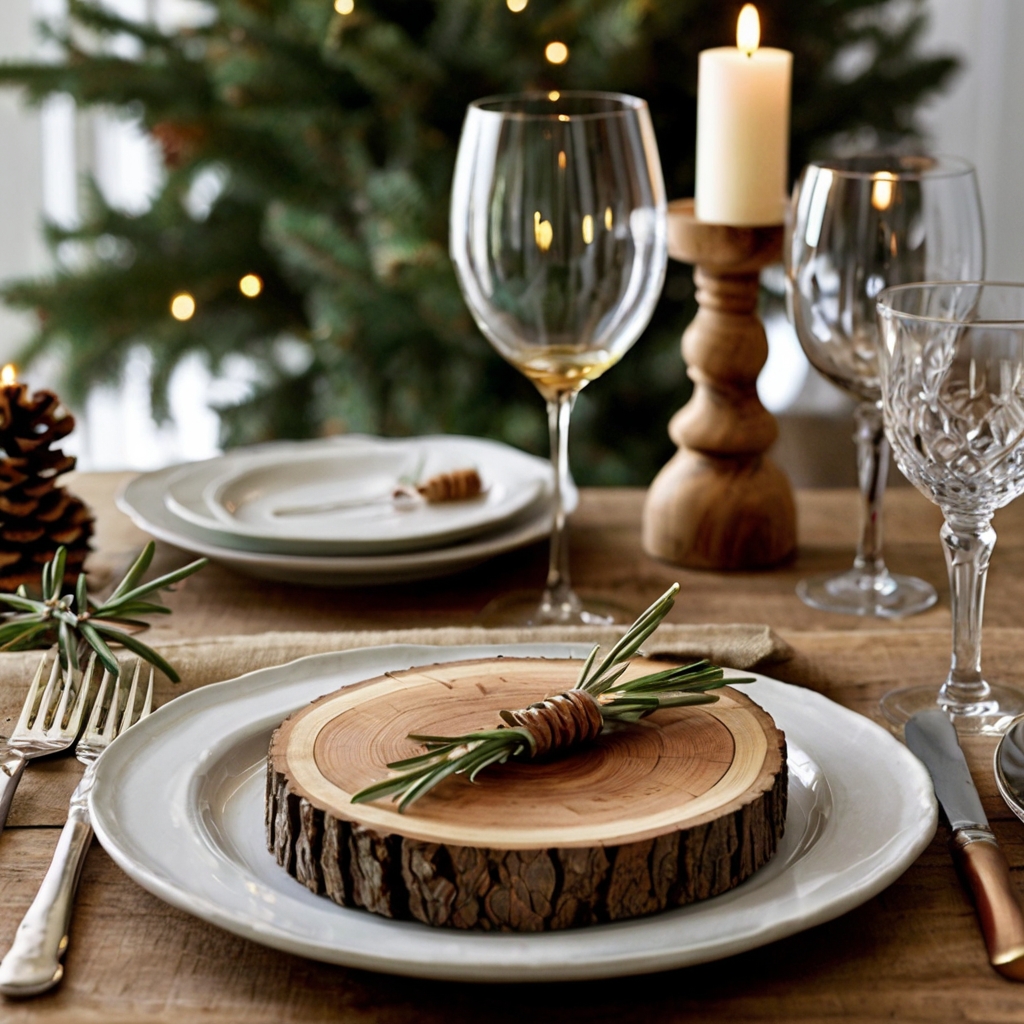 Wooden slices used as chargers or coasters create a rustic, earthy look. These natural elements enhance the simplicity and charm of the Thanksgiving setting.