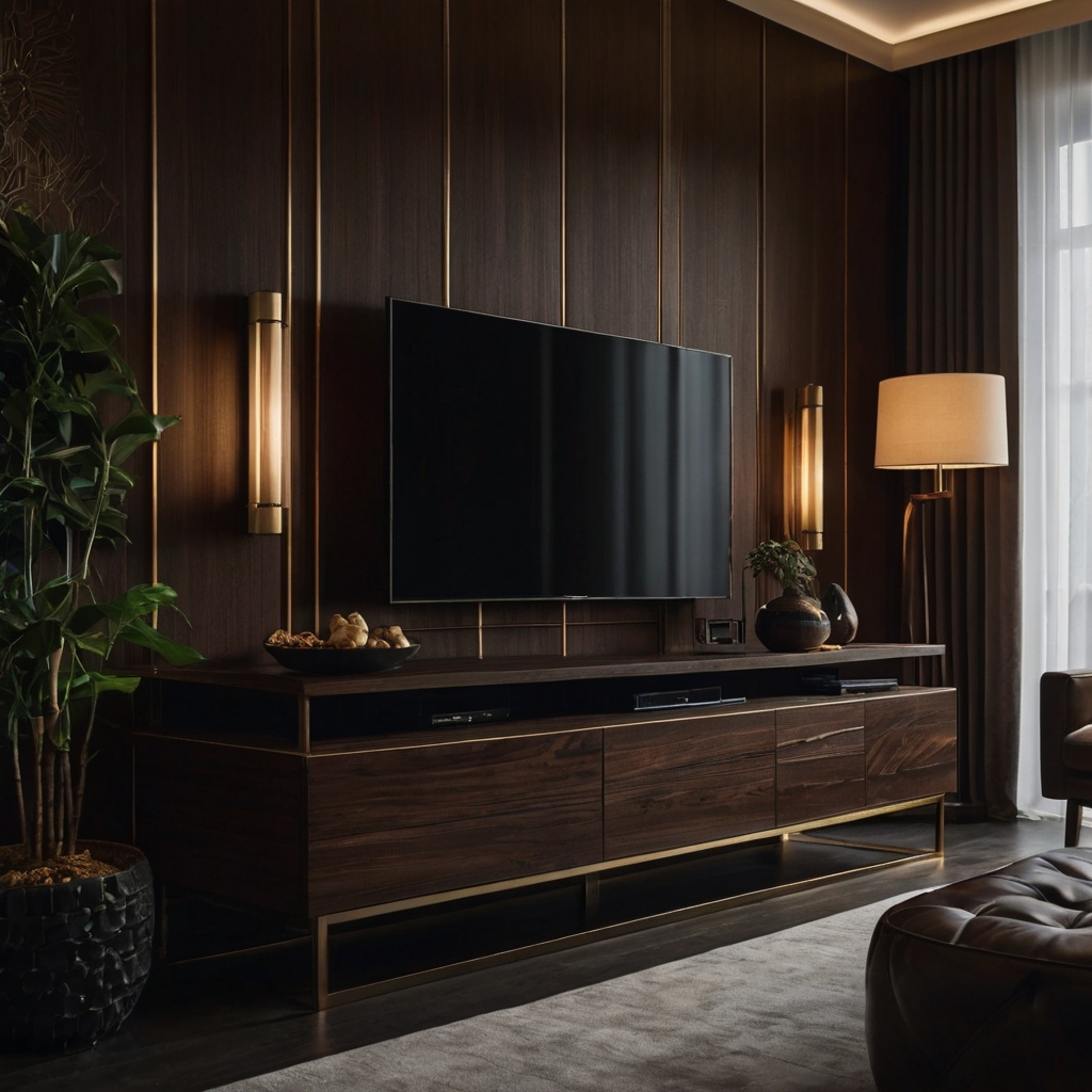 A luxurious TV unit featuring dark wood finishes that exude elegance and sophistication. Perfect for creating a high-end, timeless atmosphere in any living room.