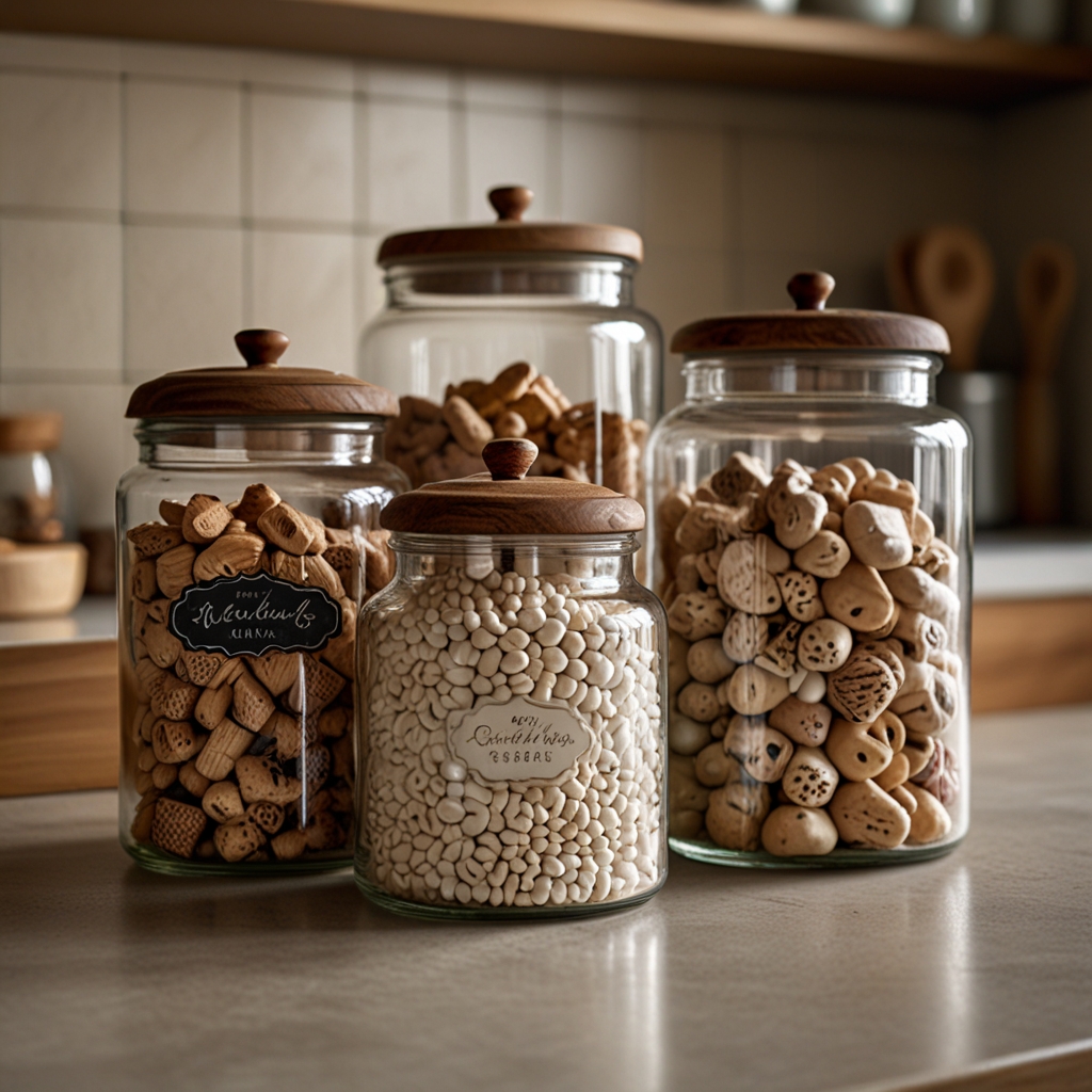 Elegant canisters store dry goods on the countertop, adding charm and style. Matching sets create a cohesive, decorative look.