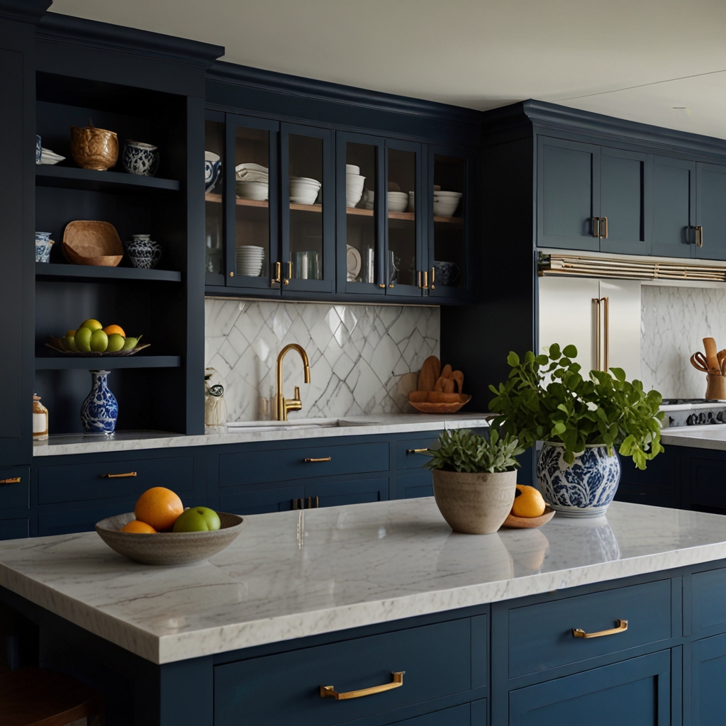 Bold, colored cabinet panels in navy blue add personality and vibrancy. Simple but impactful color adds modern charm to the space.