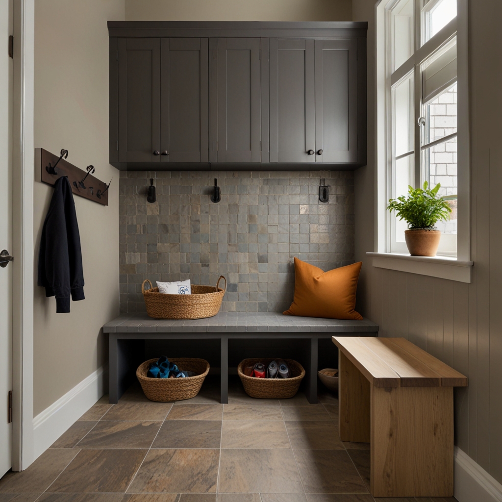 A pet-friendly mudroom with a bench for grooming, hooks for leashes, and a water station. Warm, inviting lighting highlights the pet care essentials.