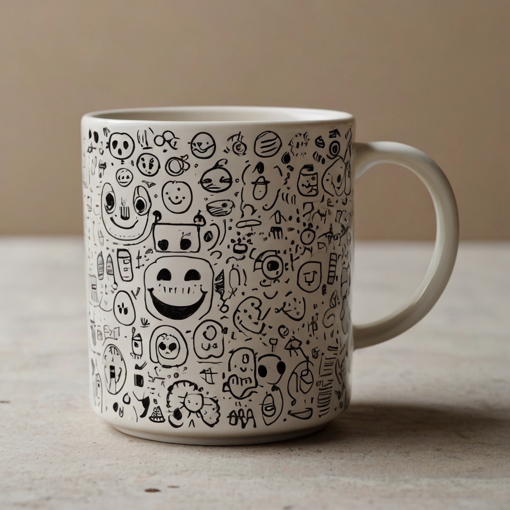 Whimsical ceramic mug covered in quirky black doodles, with a smooth white surface reflecting soft natural light.