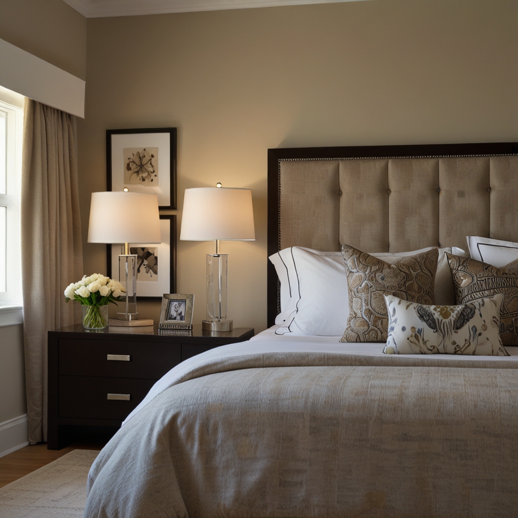 Matching nightstands on either side of the bed, providing symmetry and practical storage with added decor.