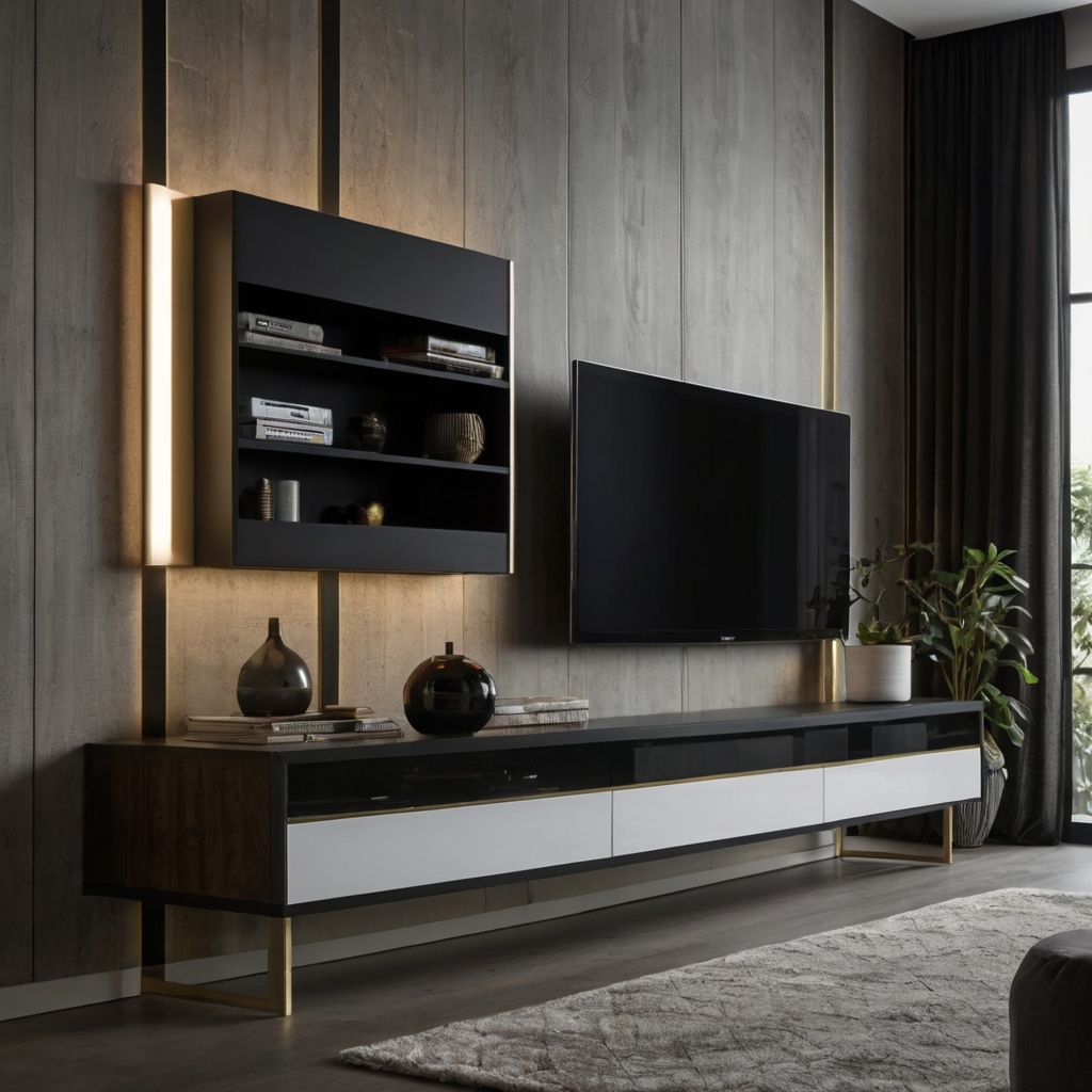 A bold dual-tone TV unit combining contrasting colors like black and wood or white and metallic. Adds dimension and visual interest to the living room space.