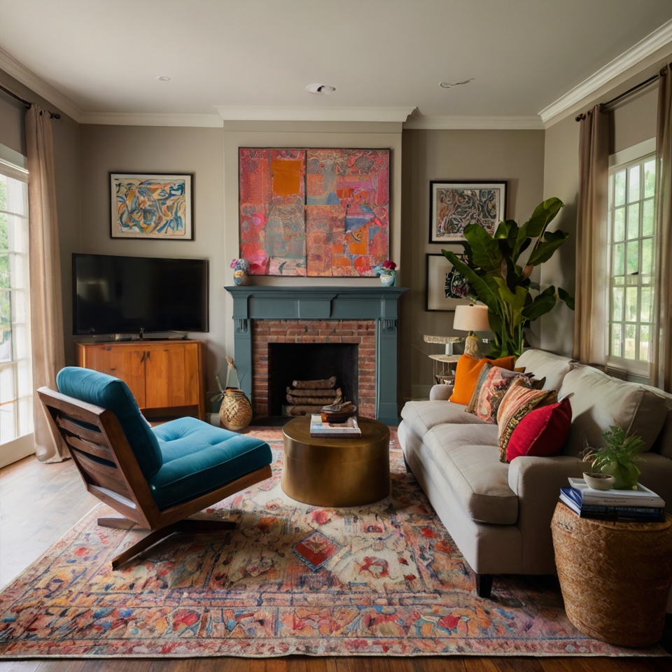 Eclectic TV room with bright rugs, mismatched furniture, and unique wall art. Diffused lighting adds to the cozy, creative vibe.