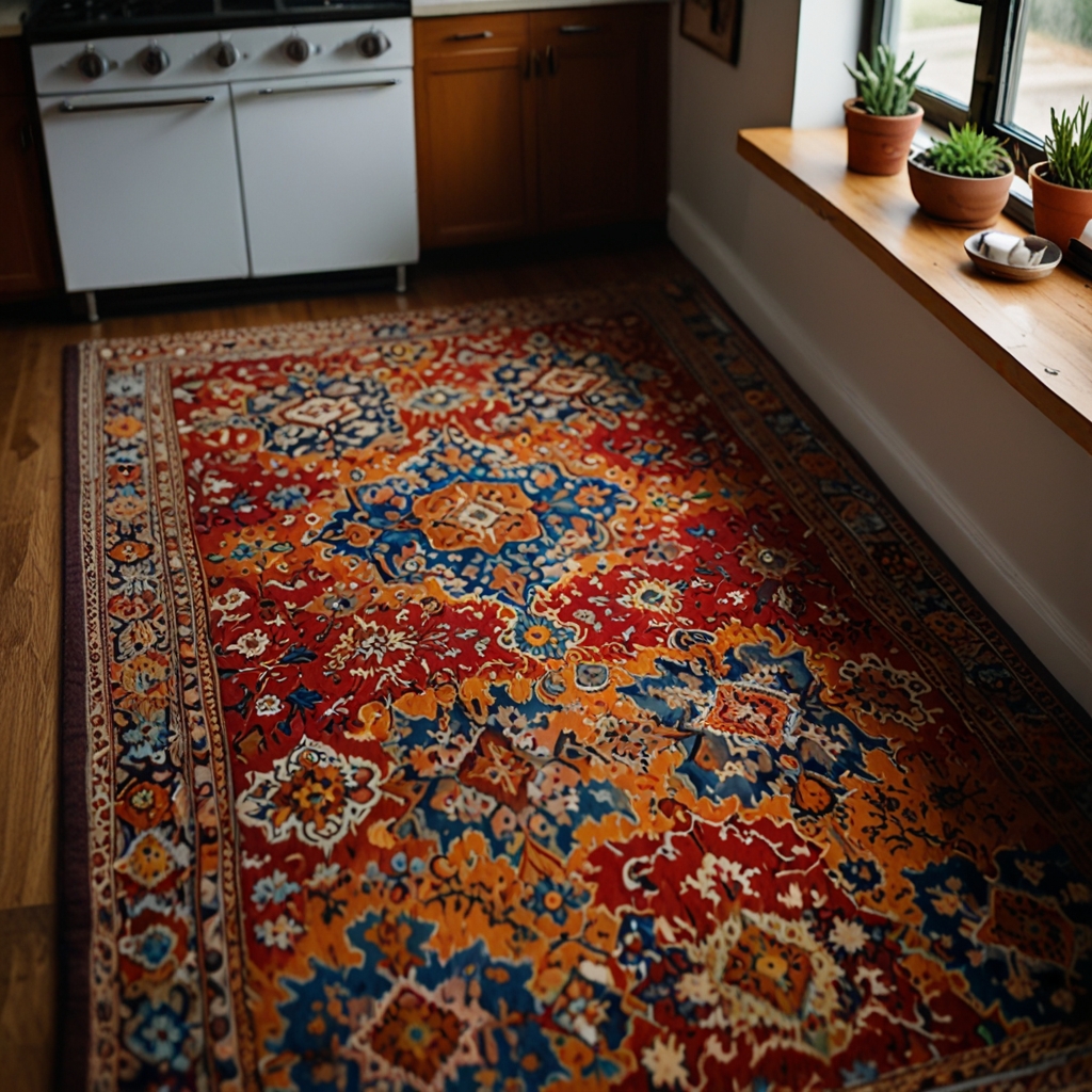 An eclectic rug placed under the sink adds color and warmth. Its bold pattern contrasts beautifully with neutral kitchen tones.