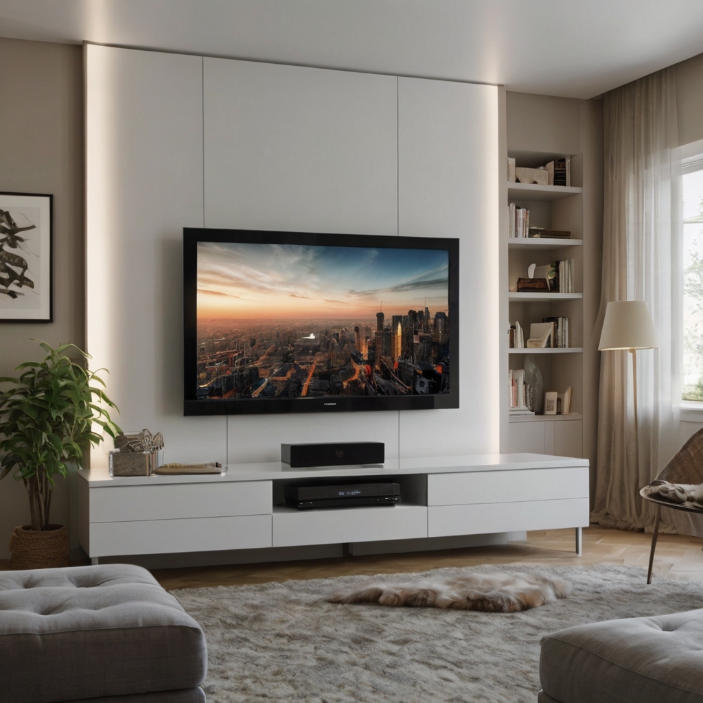 A bright white built-in TV unit that exudes timeless elegance and simplicity. The fresh white finish complements a variety of decor styles and enhances the room's light.