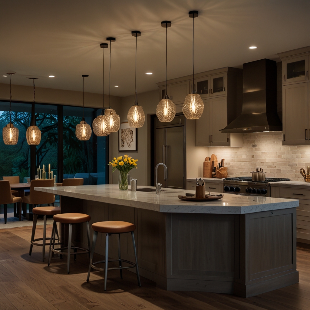 Pendant lights hang above a kitchen island, casting soft light and drawing focus upward. Unique shapes and textures add character