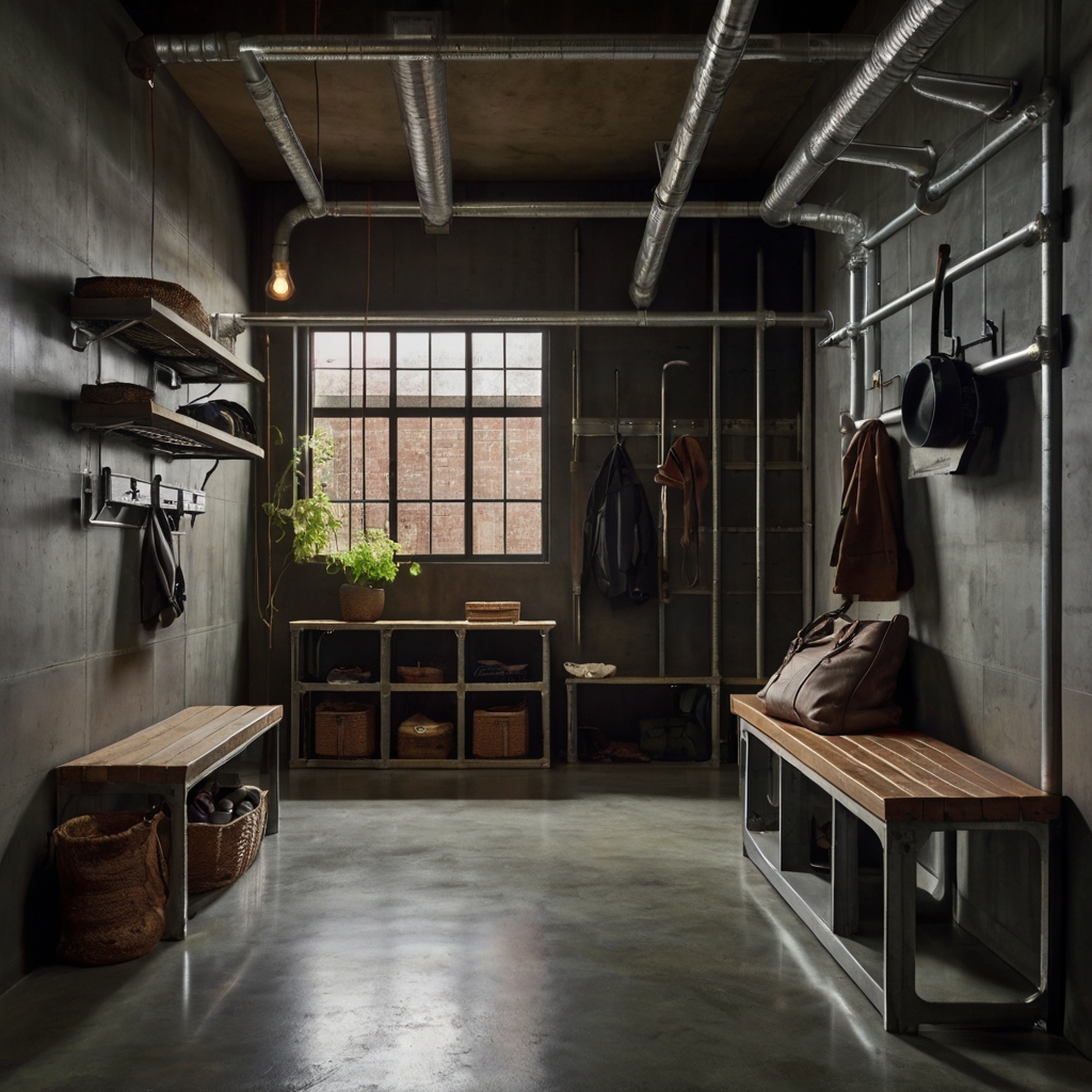 An industrial mudroom with exposed pipes, metal shelving, and concrete floors. Harsh lighting creates strong shadows, enhancing the raw materials.