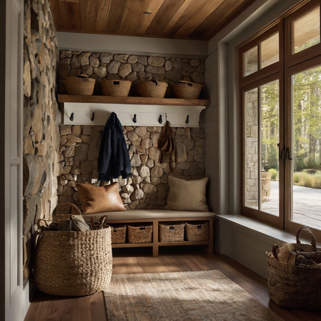 A mudroom with a mix of stone walls, fabric baskets, and wooden floors. Soft lighting emphasizes the different textures, creating a dynamic look.