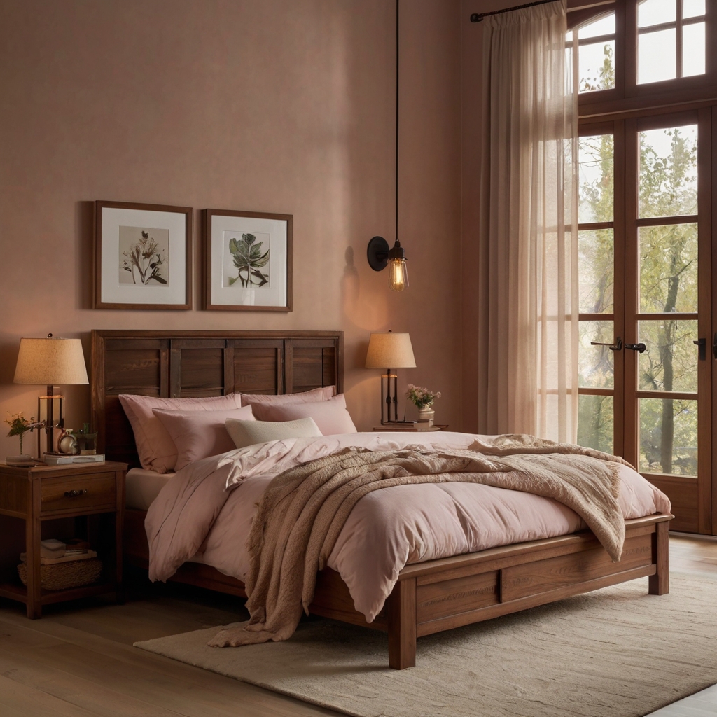 Faint pink walls with chestnut accents create a soft and inviting space. The warm wood trims provide depth and charm, perfect for bedrooms or cozy living rooms.