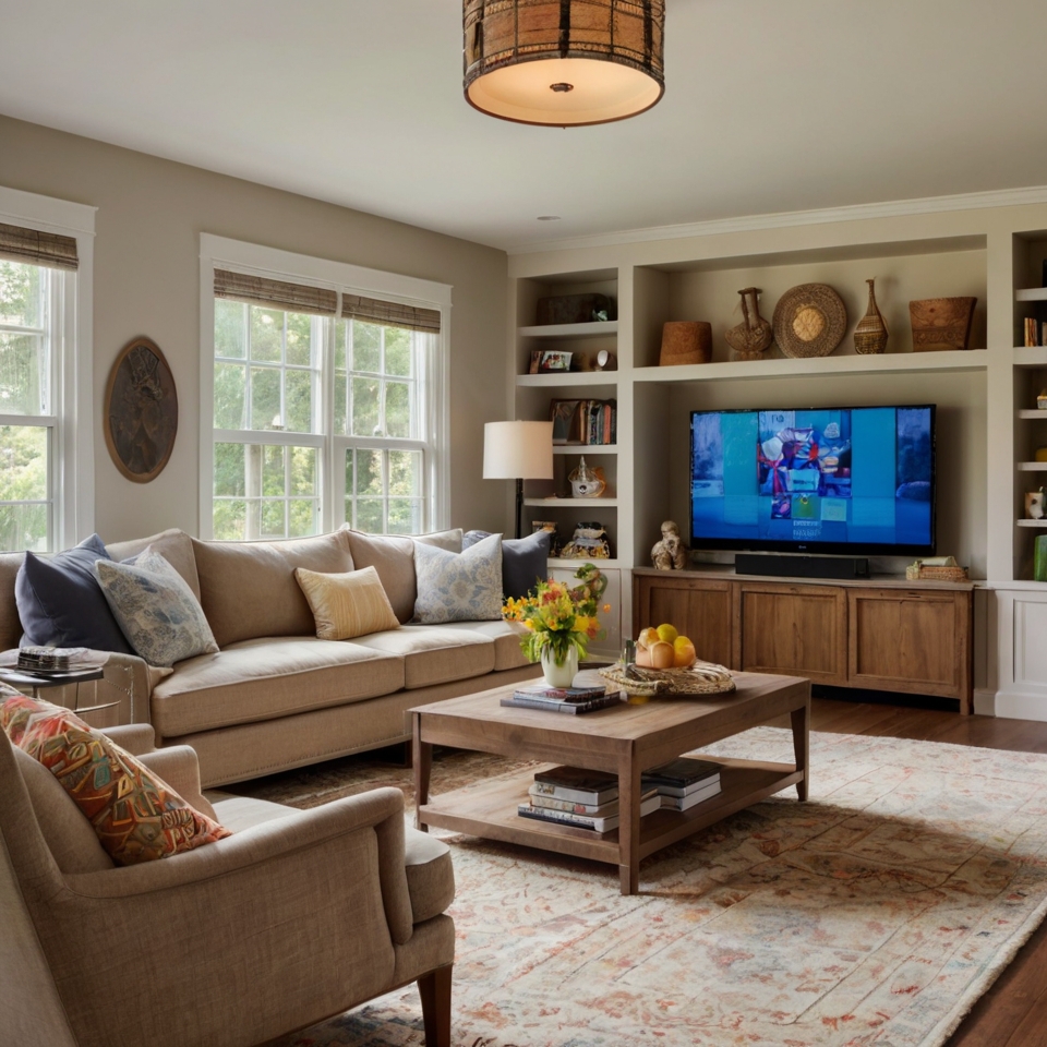 A colorful, family-friendly TV room with a large sectional and playful decor. Natural light fills the room, creating a cheerful atmosphere.