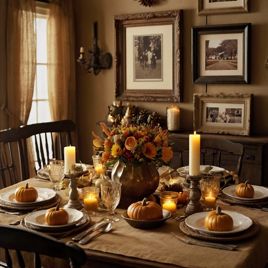 Vintage frames holding family photos add a sentimental touch to the table. Personal memories are highlighted, making the setting warm and inviting.