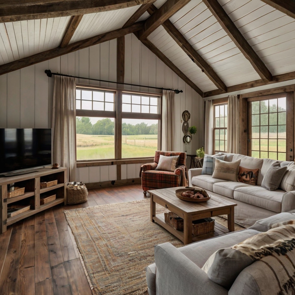 Rustic farmhouse-style TV room with shiplap walls, plaid blankets, and barn doors. Natural light enhances the cozy, countryside feel.