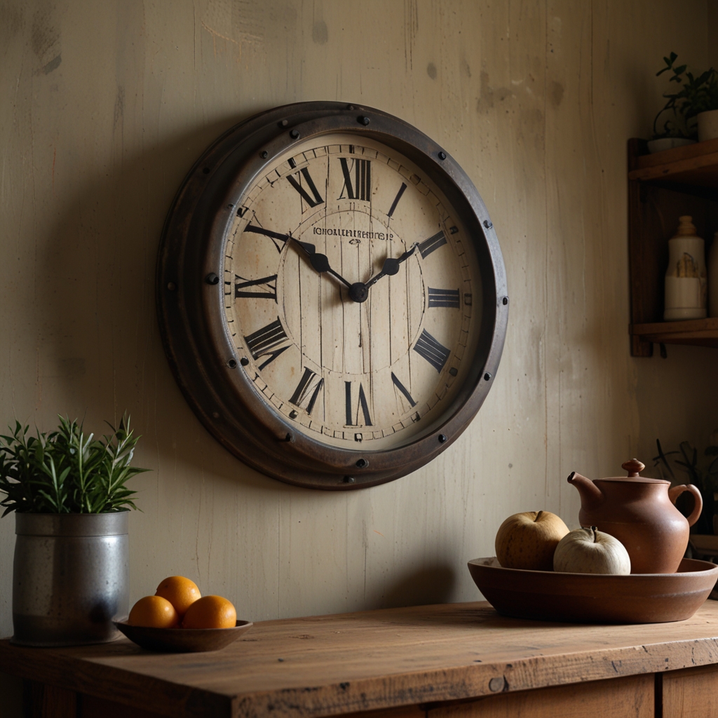 A large farmhouse clock with vintage numbers adds rustic charm to a kitchen wall. Ties together modern and nostalgic decor.