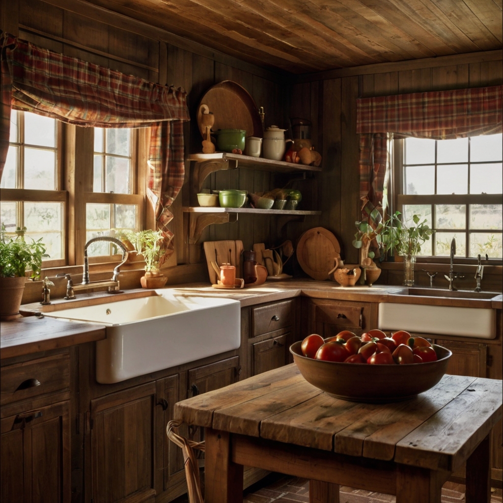 Warm up your kitchen with farmhouse plaid curtains above your sink. Earthy tones of red, green, and beige bring a rustic, homely charm.