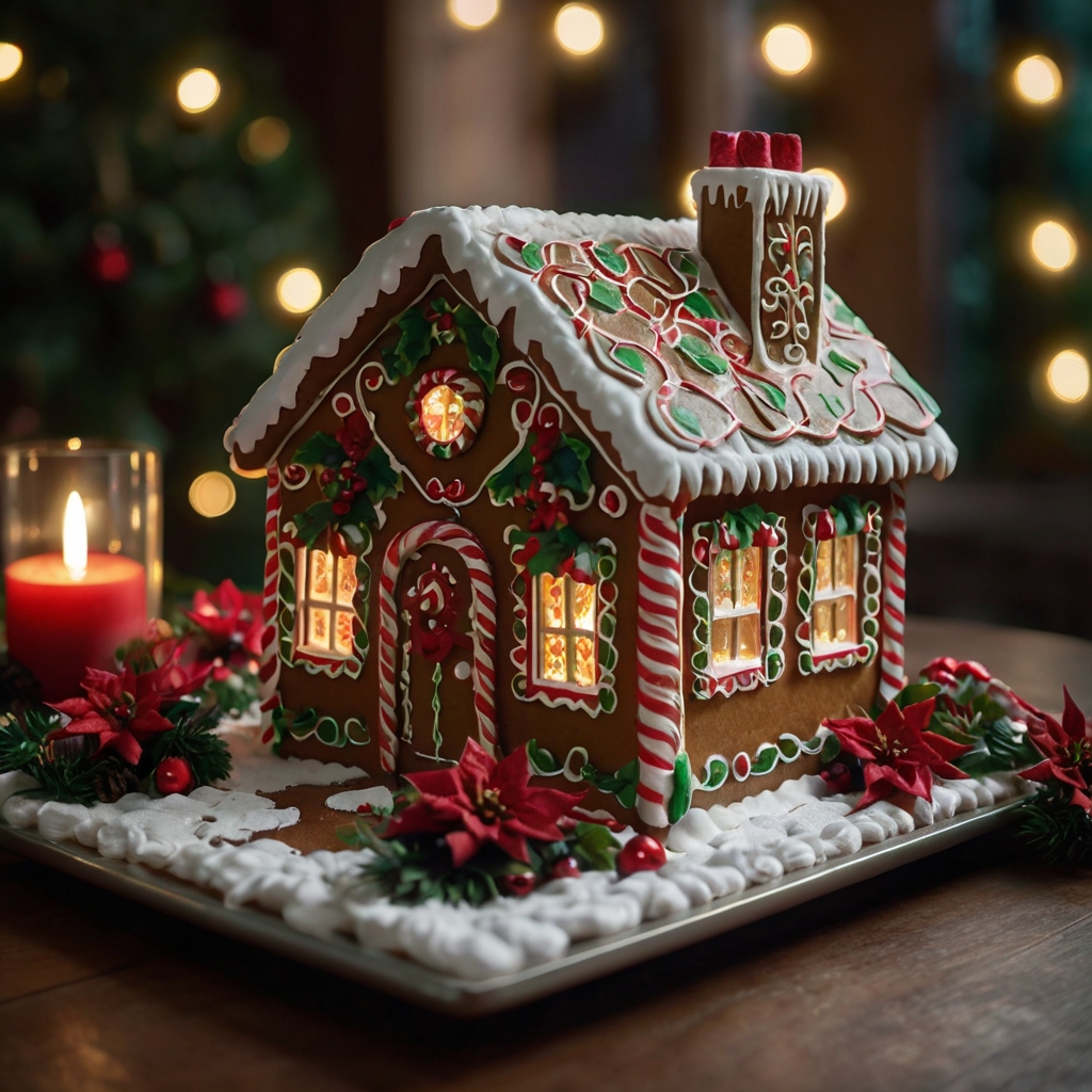 A gingerbread house adorned with poinsettias and holly in rich reds and greens. Warm lighting emphasizes the intricate floral designs.