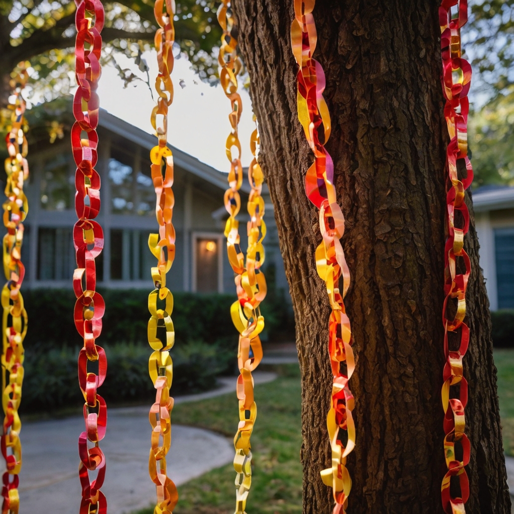 Colorful paper chains drape across windows and doors, glowing under soft candlelight. The warm glow creates a nostalgic, cheerful ambiance, adding charm to the holiday scene.