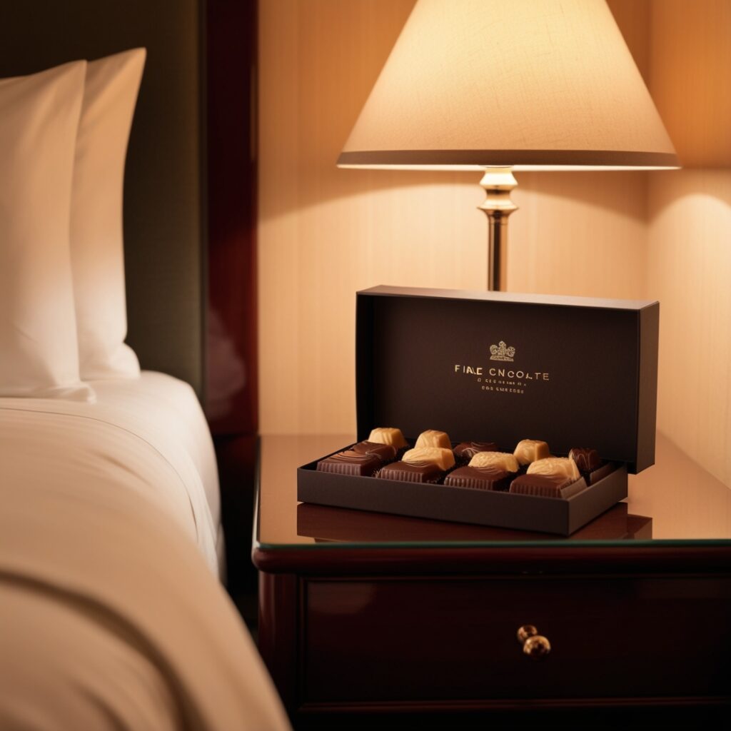 A box of fine chocolates or sweets placed on the nightstand, offering a sweet treat to enjoy in the cozy, romantic setting.