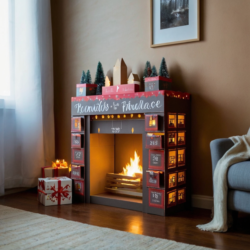 Interactive cardboard fireplace with advent calendar drawers for daily surprises. Fun and engaging for the holiday season.