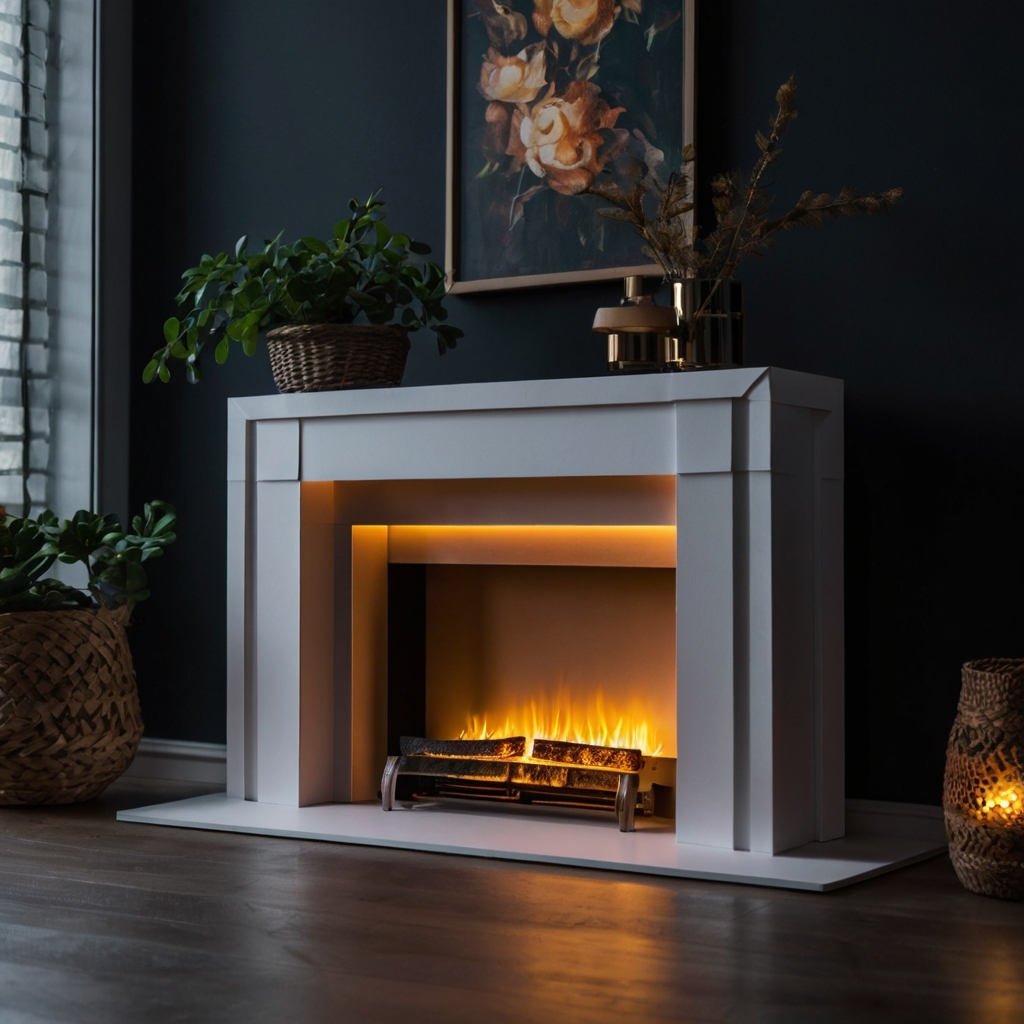 Cardboard fireplace with built-in LED lights that change colors. Adds a dynamic and modern touch to holiday décor.