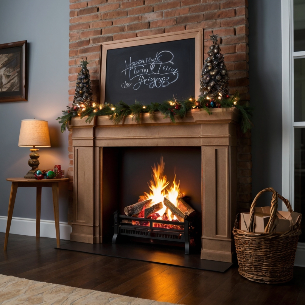 Cardboard fireplace with a built-in space for chalkboard holiday greetings. Interactive and personalized holiday feature.