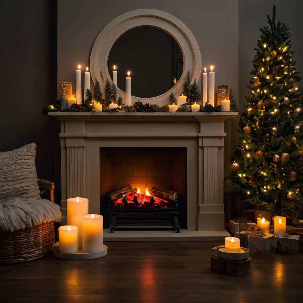 Cardboard fireplace filled with LED candles for a warm, flickering glow. A cozy and safe holiday design.