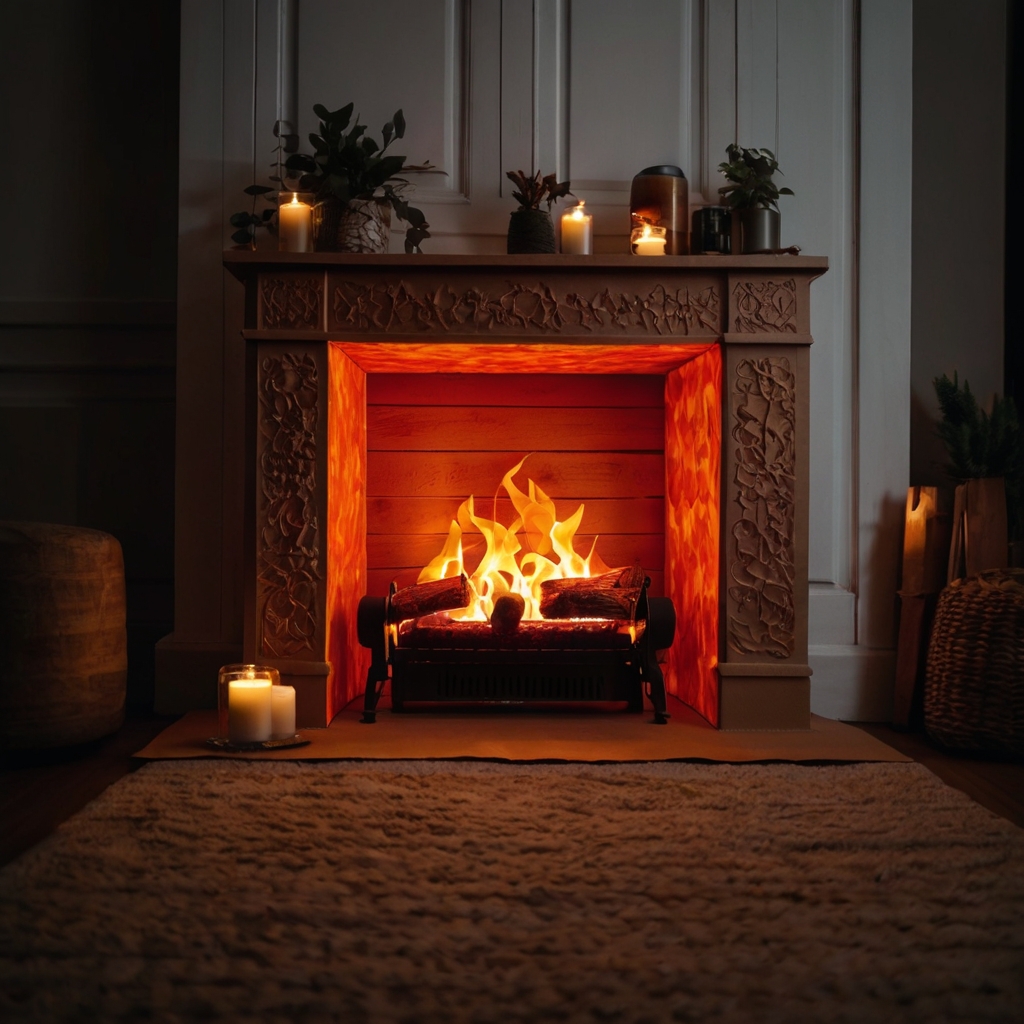 Cardboard fireplace with glowing tissue paper flames and string lights. Creates a cozy ambiance without real heat.