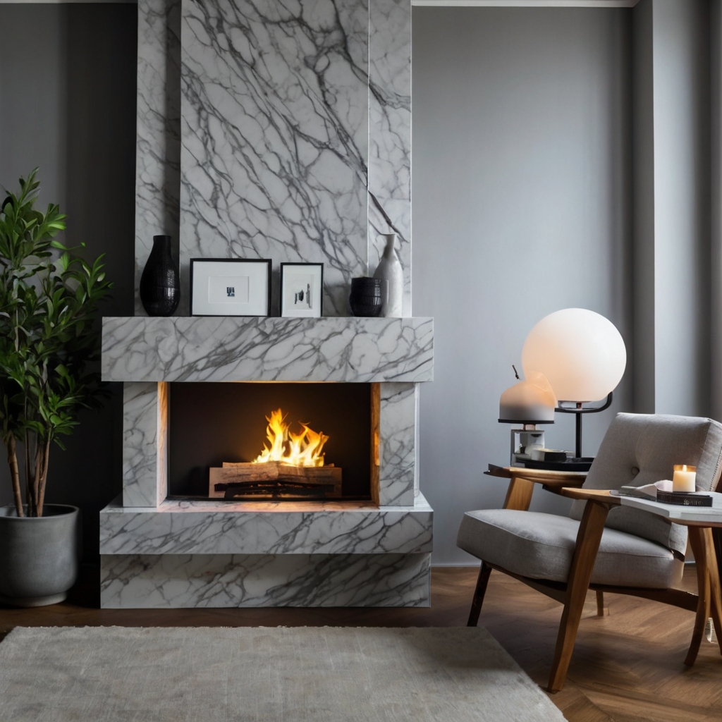 Cardboard fireplace with a sleek marble-like texture in gray and white tones. Adds sophistication to modern interiors.