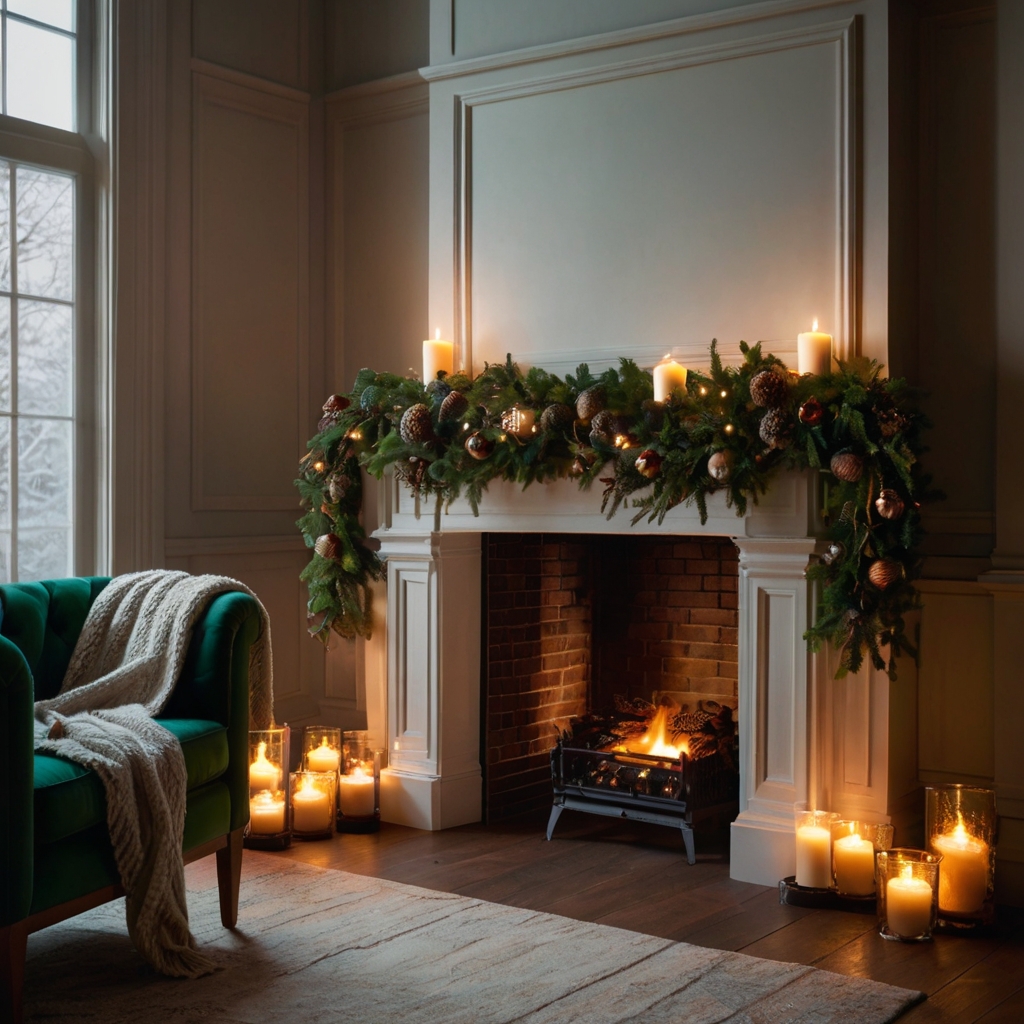 Cardboard fireplace draped with lush green garlands, ornaments, and lights. Creates a warm and classic holiday atmosphere.