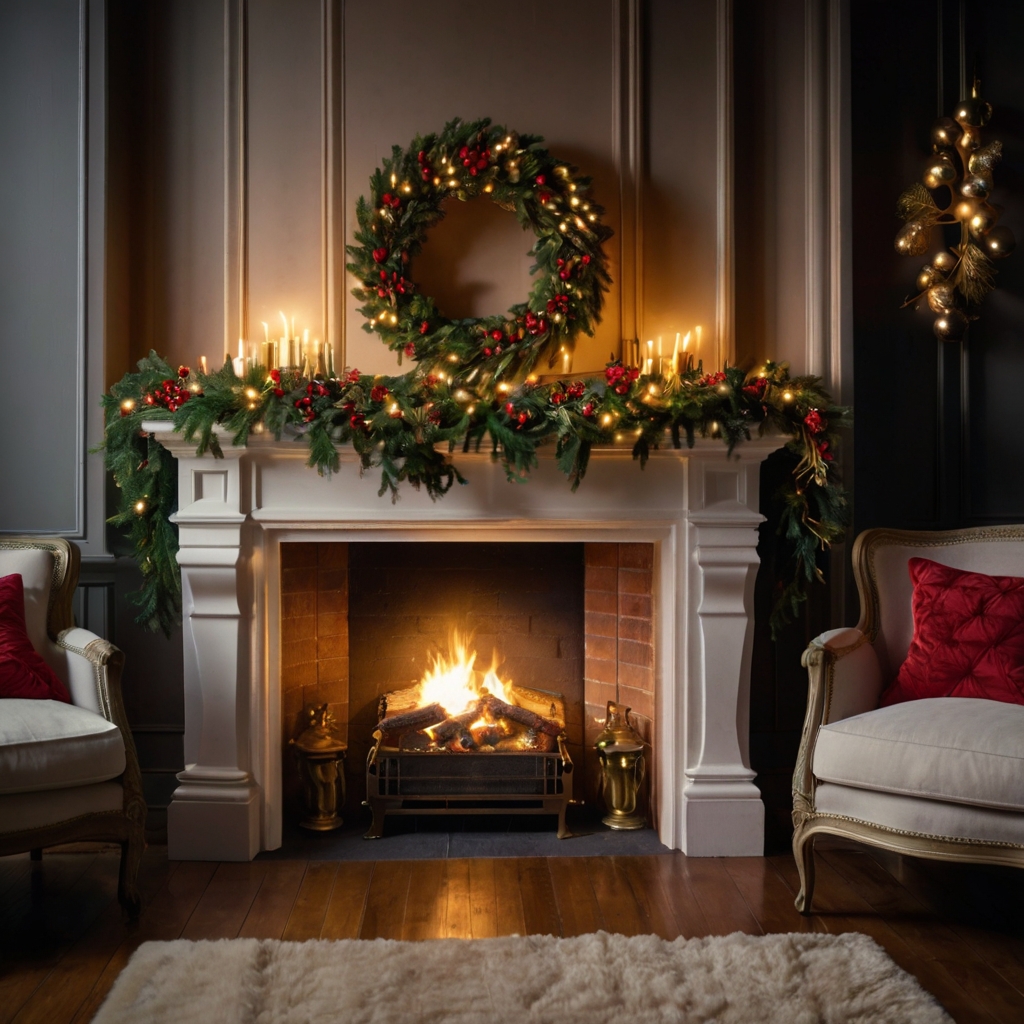 Cardboard fireplace draped with festive garlands and ornaments. Designed to bring holiday cheer into any space.