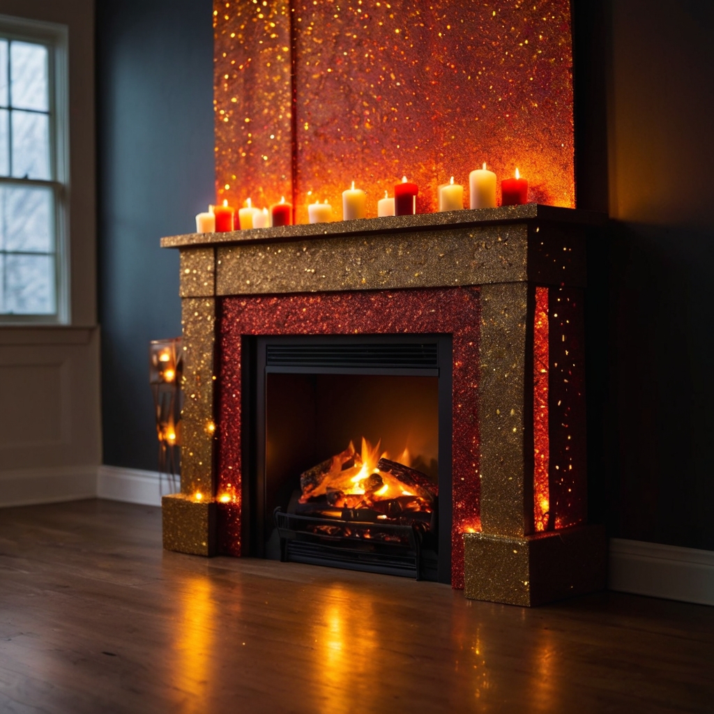 Cardboard fireplace with glittery paper flames in red, orange, and gold. Shimmering and glowing centerpiece for celebrations.