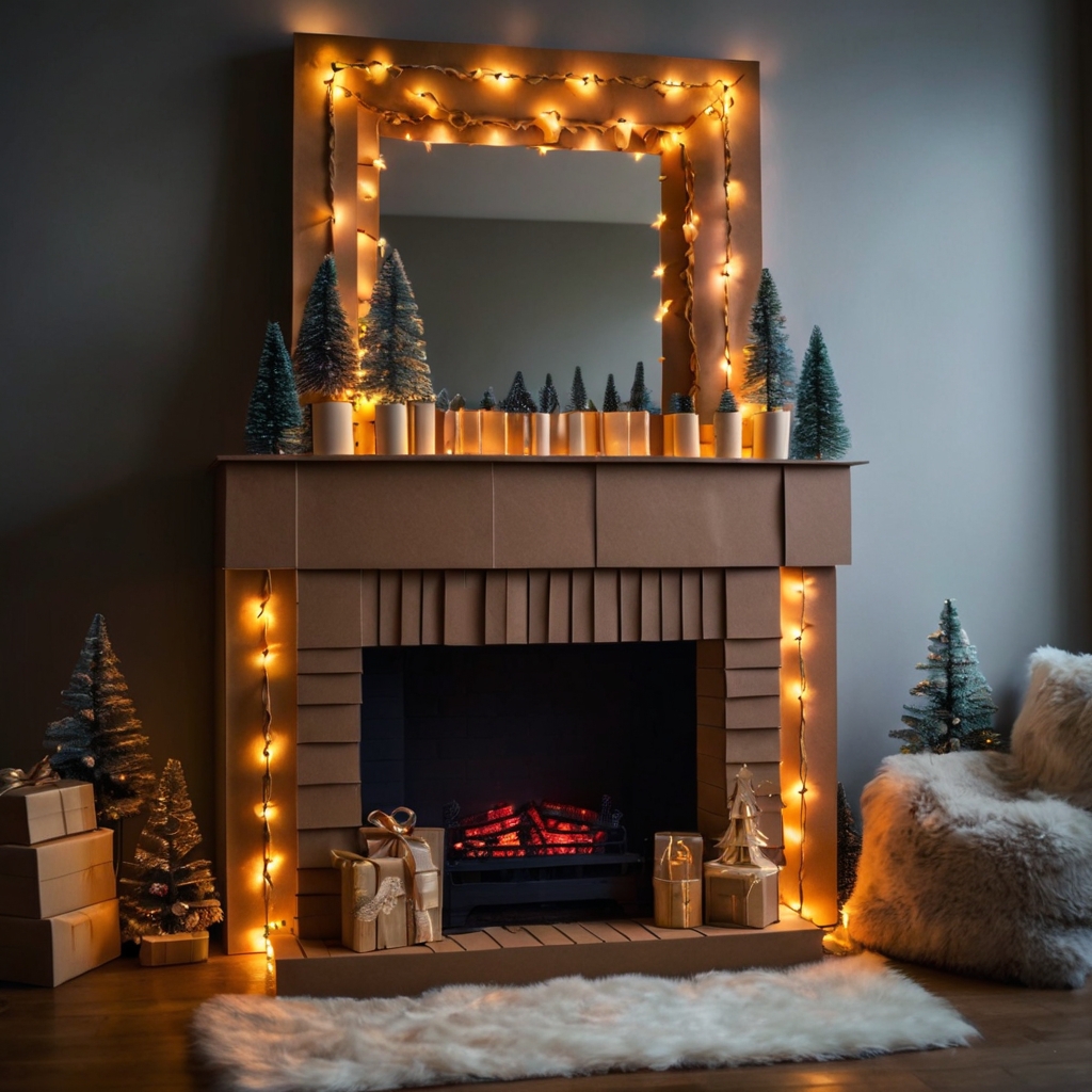 Cardboard fireplace framed with twinkling string lights. Creates a magical and illuminated holiday ambiance.