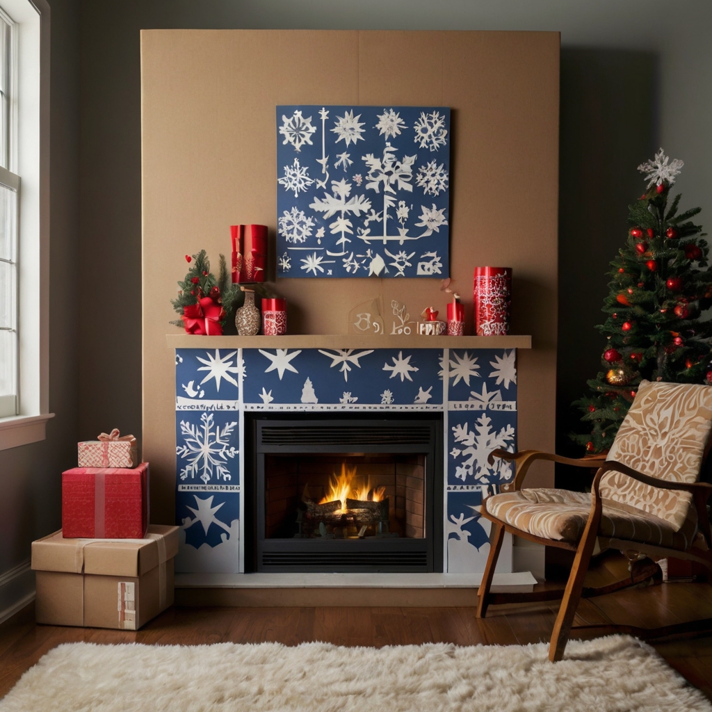 Cardboard fireplace with intricate holiday stencil patterns like snowflakes and reindeer. Vibrant and festive décor.