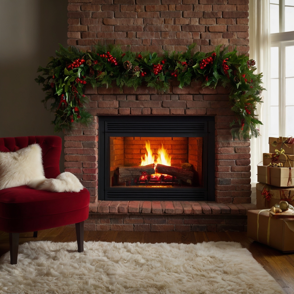 Festive cardboard fireplace adorned with holly leaves and berries. Vibrant reds and greens capture the holiday spirit.