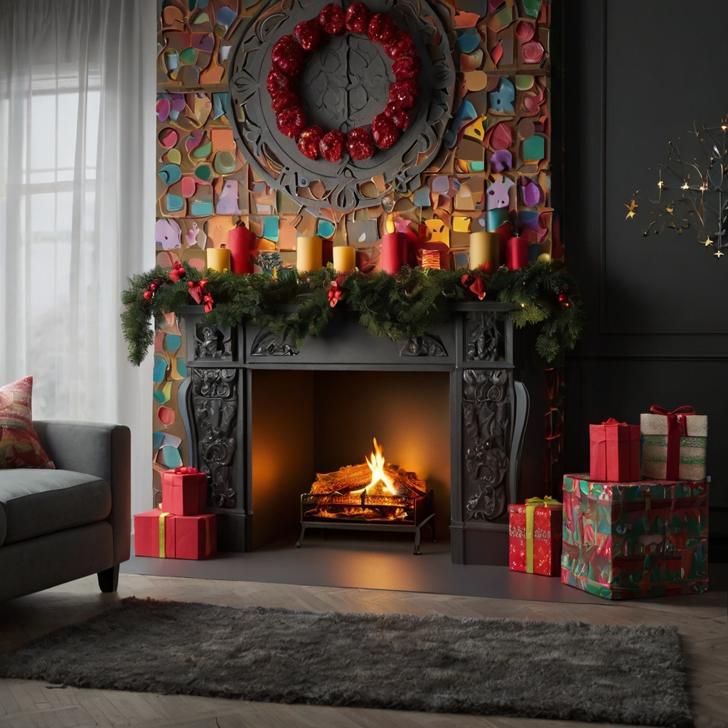 Decorative cardboard fireplace featuring mounted ornaments in festive colors. Showcases creative holiday cheer.