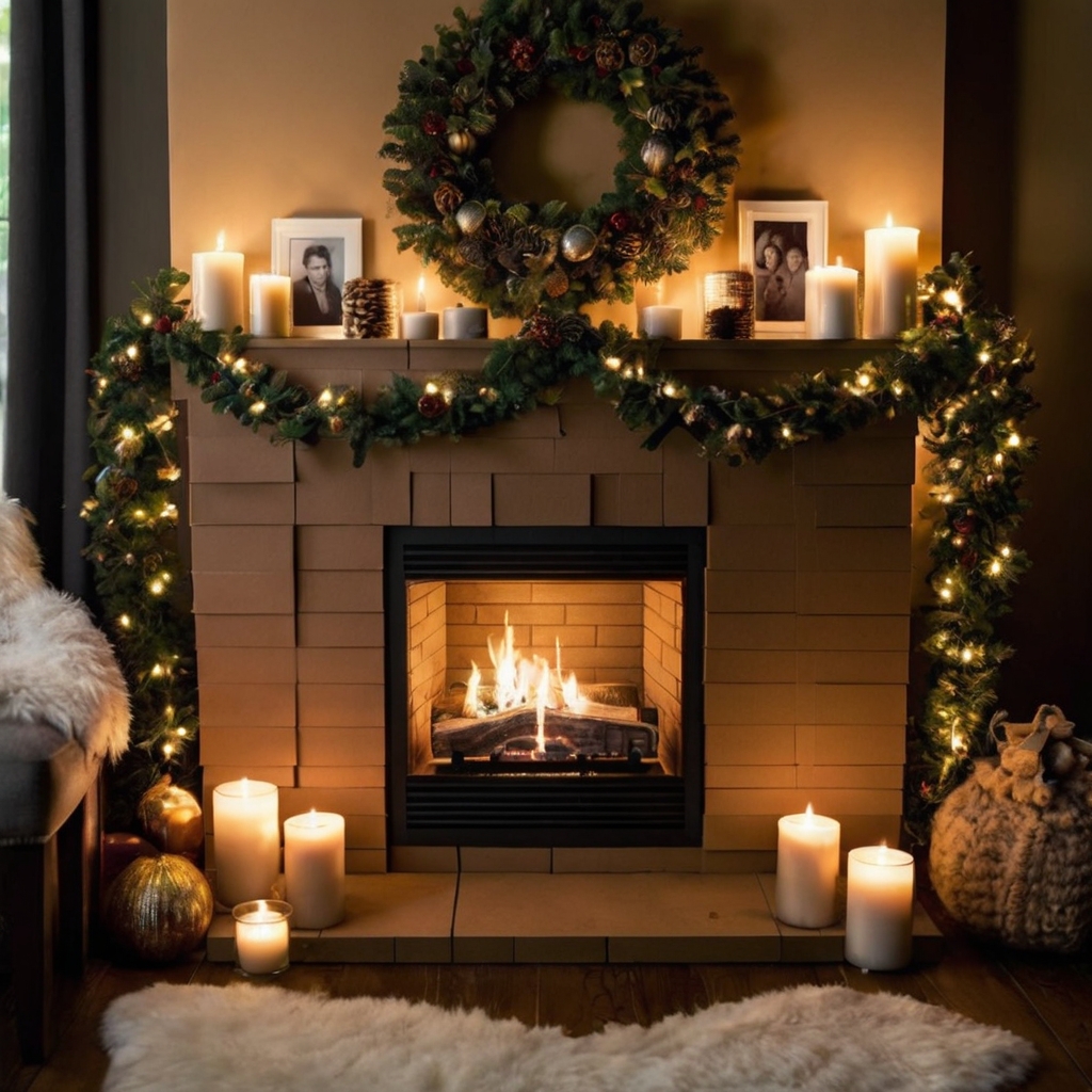 Personalized cardboard fireplace decorated with family photos and holiday cards. Highlights cherished holiday memories.