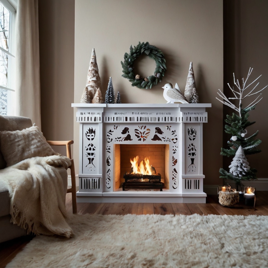 Playful cardboard fireplace decorated with animal cutouts like deer and penguins. Adds a whimsical touch to holiday décor.