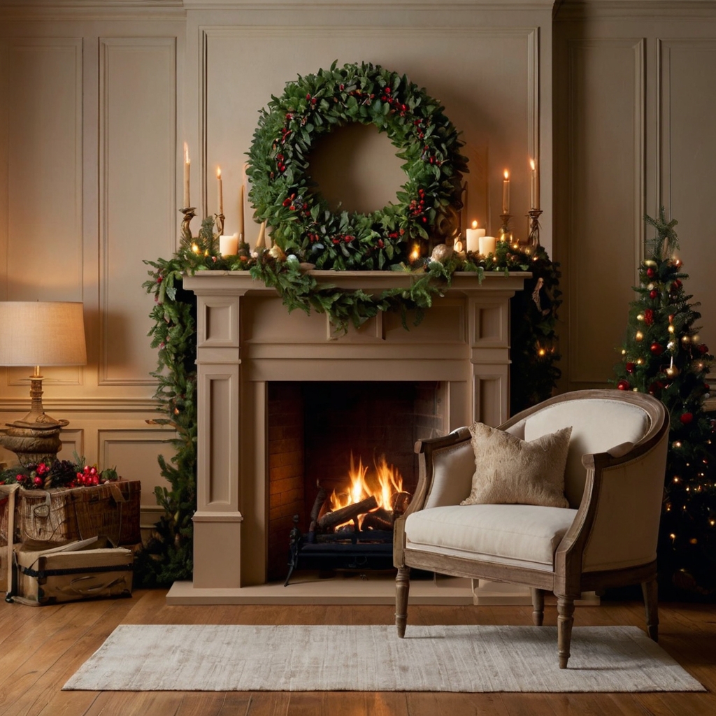 Cardboard fireplace featuring a large decorative wreath with holiday greenery and berries. A timeless festive addition.