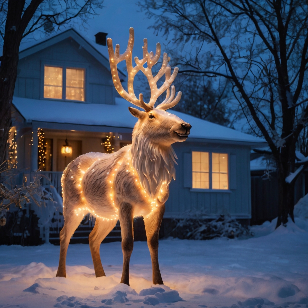  A glowing, oversized light-up reindeer in a snowy front yard, surrounded by soft ambient light. Its playful expression and glowing lights create a whimsical holiday vibe.