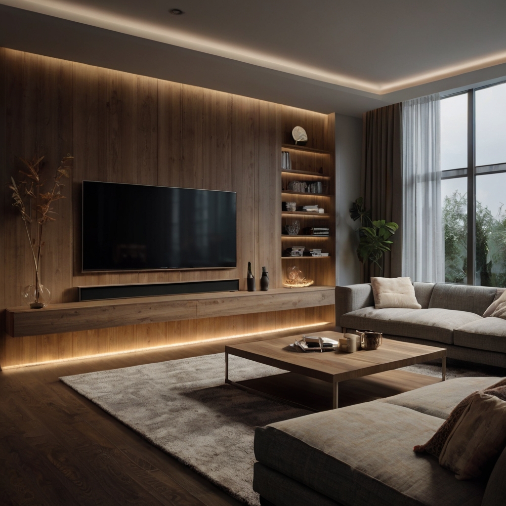 A TV unit paired with a floating fireplace for a cozy, functional entertainment space. This design blends warmth with modern aesthetics for a luxurious feel.