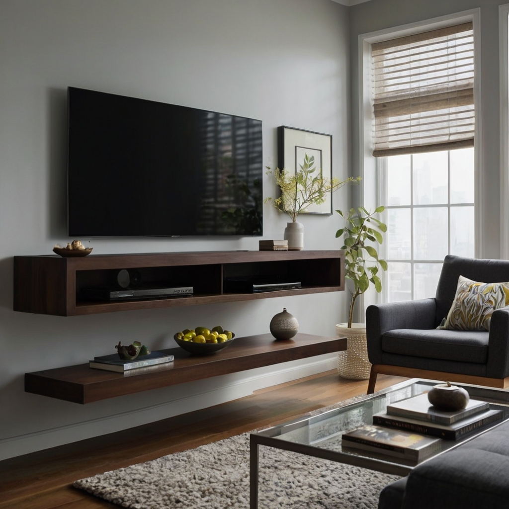 A floating shelf TV unit with sleek, minimalist shelves that appear to hover. Perfect for modern, compact spaces where style and functionality are essential.