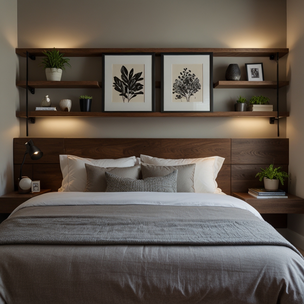 Floating shelves in the bedroom, showcasing books, plants, and personal decor, without taking up floor space.