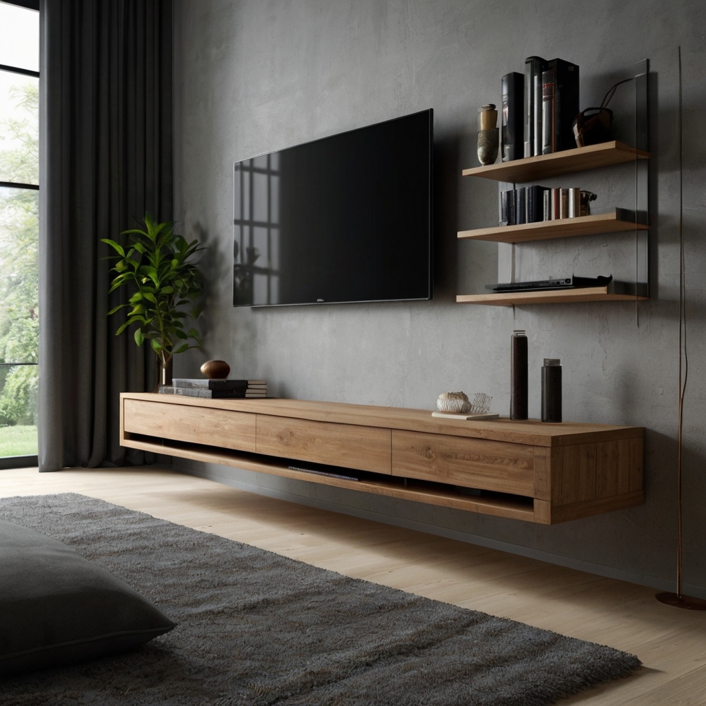 A modern floating TV unit that appears to levitate, offering an open, airy feel to the room. Designed for sleek aesthetics with optional integrated lighting for added drama.