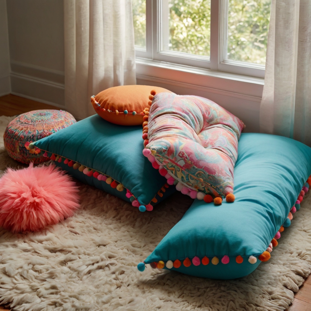 Add playful pom-poms to your floor pillow for a colorful, fun design. Perfect for any casual or boho-inspired living space.