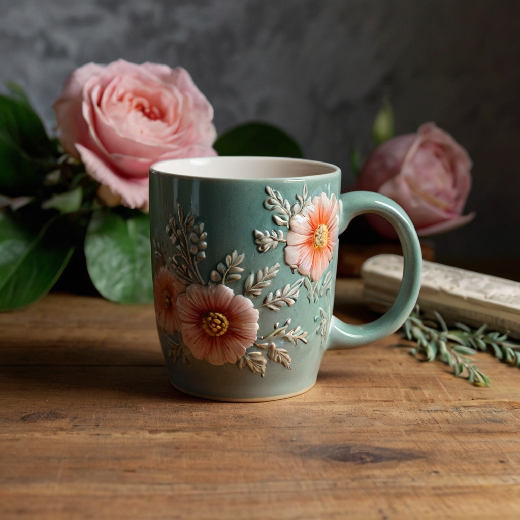 A delicate ceramic mug adorned with soft pastel-colored flowers, intricately painted around the surface, with a glossy finish reflecting light.