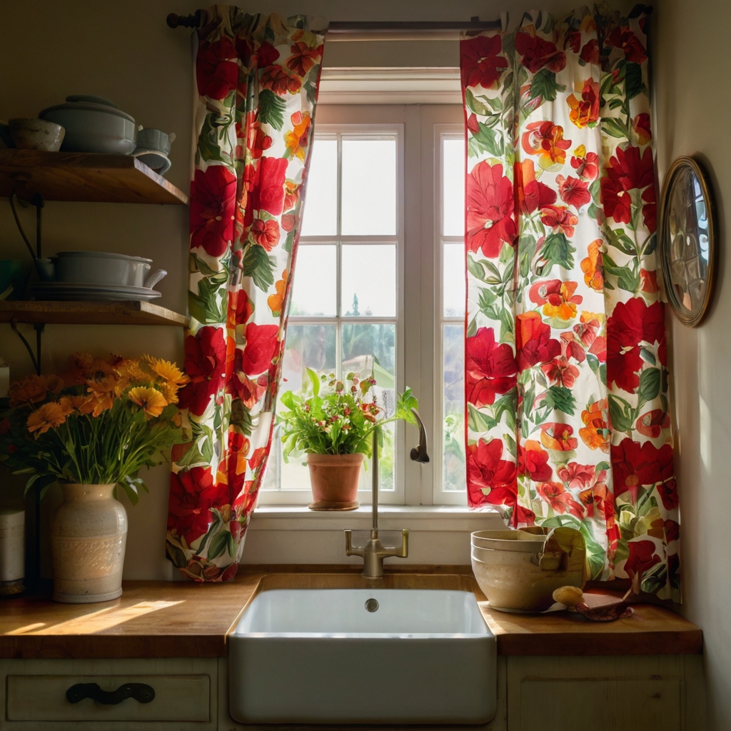 Brighten your kitchen with vibrant floral patterned curtains. The bold flowers bring a welcoming warmth to your space, perfect for rustic designs.