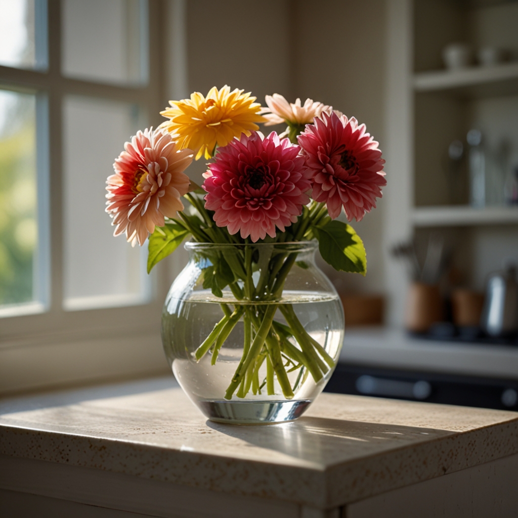 A vase of fresh flowers on the countertop brightens the room. Natural beauty and color bring life and warmth to the kitchen.