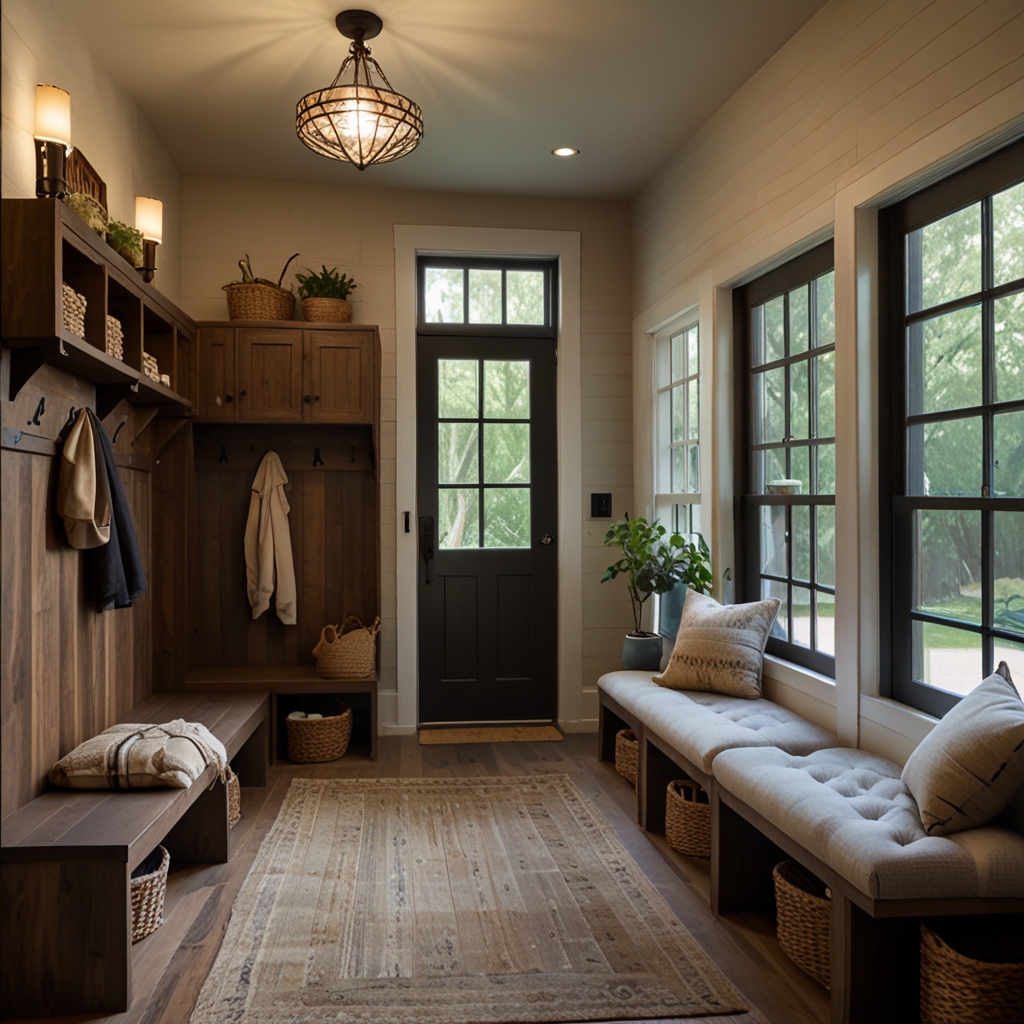 A mudroom with layered lighting from pendant lights and sconces. Natural light flows in through a window, highlighting the stylish and functional design.